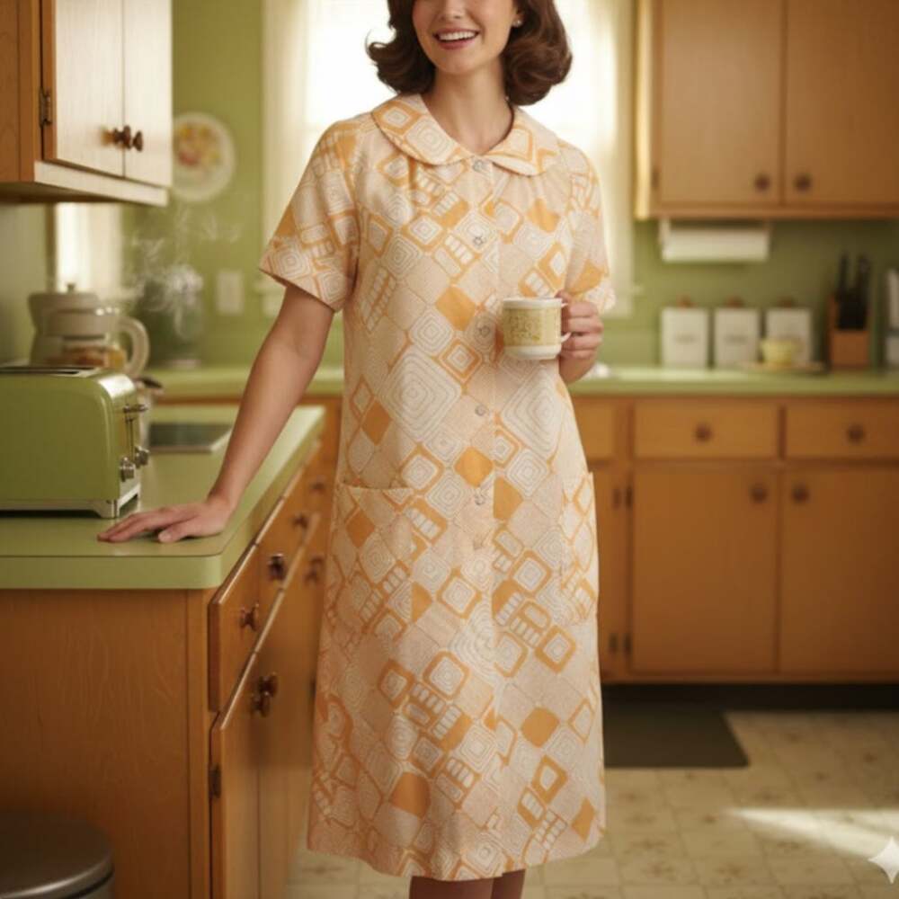 Vintage 70s Art Deco Snap Front Nightgown House Dress Orange Cream MuMu Nightie